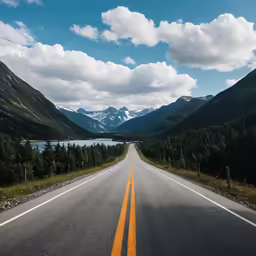 a long road in the middle of a valley surrounded by mountains