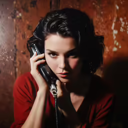 a woman sitting down with a phone to her ear