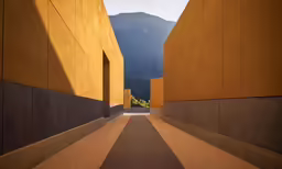 the sidewalk is made of concrete with brown walls