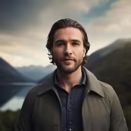 a man is posing with his eyes wide open while outside near mountains