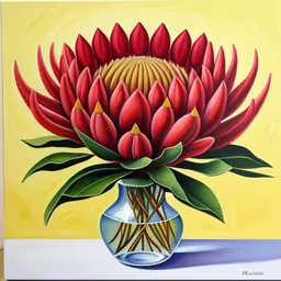 painting of red lotuses in a clear glass vase,a painting of a vase of red flowers on a yellow background