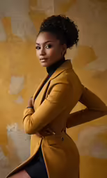 a young woman poses in a coat and black skirt