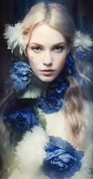 the young woman with her blonde hair styled with blue and white flowers