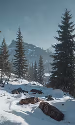 two camping tents that are covered with snow in front of mountains