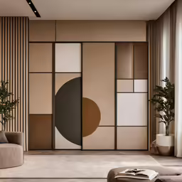 a large screen with geometric design is in the corner of a room