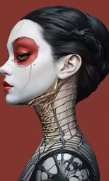 a woman in skeleton skin and red eye makeup