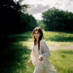 a woman with long hair wearing white walks through the grass
