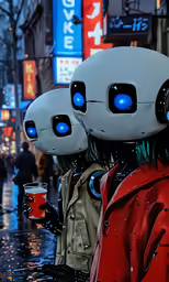 a couple of people with big eyes and a red coat