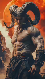 a male with large horns stands near a fire filled background