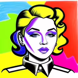 a picture of a woman with bright blue eyes,this is a painting of a woman with an uniform,this is a pop art portrait of a woman with bright hair,a drawing of a person with blonde hair and blue eyes,an image of a woman in pop art