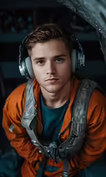 a young man in headphones sitting on the ground