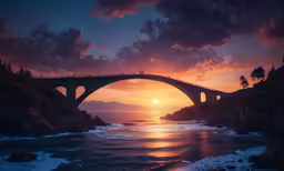 a painting of a bridge over some water at sunset