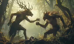 two humanoids, standing in a forest, fight