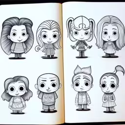 a book with a drawing inside it shows six different cartoon heads,a drawing book opened to show different characters