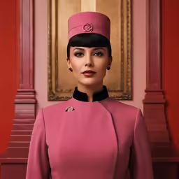 the woman in pink is standing wearing a black hat