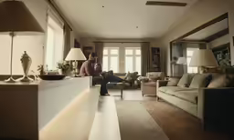 two people sit on a sofa looking at an open area