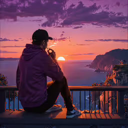 a man with a baseball cap sits in front of the sunset,a person with a hat is on the balcony and the sun is setting