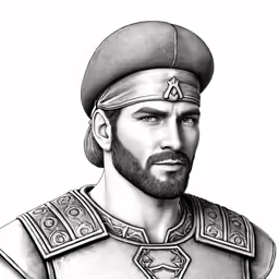 a man in roman clothing is looking at the camera