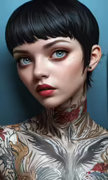 a young woman with black hair wearing tattoos