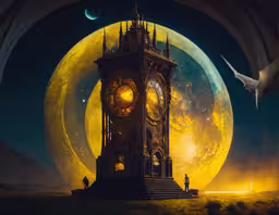 an artistic painting of a huge clock tower