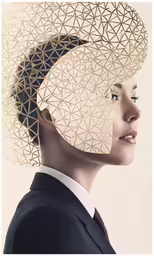 an abstract image of a woman wearing a hat made out of paper