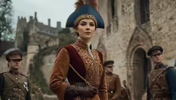 a woman wearing a green hat standing with soldiers