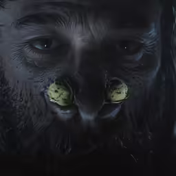a man with yellow eyes is looking at something
