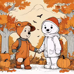 two cartoon bear with a costume and pumpkins,two cartoon bears and bats shaking hands at halloween time