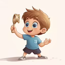 the boy in the blue shirt is holding a gold ring