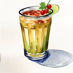 a drawing of a cocktail that is sitting on a plate,a watercolor painting of an alcoholic drink with garnish
