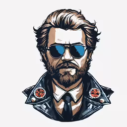 the portrait of the character, a bearded man in sunglasses,a stylized drawing of the man with sunglasses