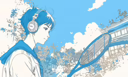 a man that is wearing headphones while standing in front of a racket