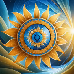 a bright blue and yellow sunflower with a round window