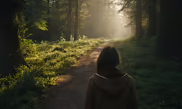 a person is walking down a trail through a forest