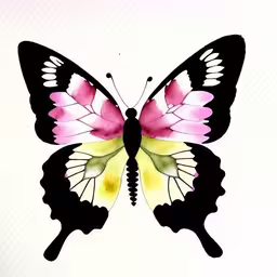 a watercolor picture of a colorful butterfly,a butterfly painted in black, pink, yellow and green,a close up view of a pink and yellow butterfly with white wings,the butterfly is painted in black and yellow,watercolor painting of a colorful butterfly on white background