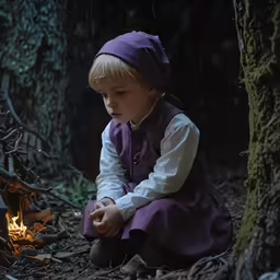 a little girl sitting next to a fire in the woods