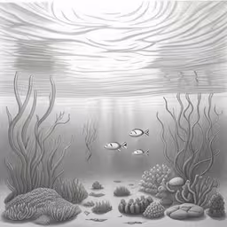 an underwater scene with fish, seaweed and corals,the bottom of a underwater scene has a penciled image of several fishes and sponges,an underwater scene of a coral reef with two small fish and some seaweed,an aquarium scene drawing of fish and corals,underwater scene with many different seaweed and fish