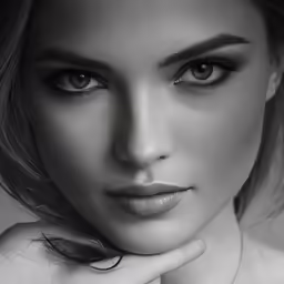 a woman with very big eyes looking over her shoulder