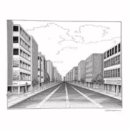 black and white drawing of an empty road between some buildings,pencil drawing of a street lined with buildings,pencil drawing of street with buildings,a drawing of a city with buildings,a drawing of two buildings and a street