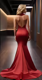 woman in a red gown looking at something