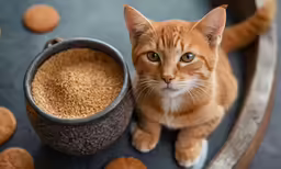 there is a small brown cat that is sitting beside a bowl of grain