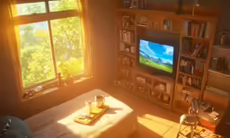 the television is turned on and the bookshelves are open