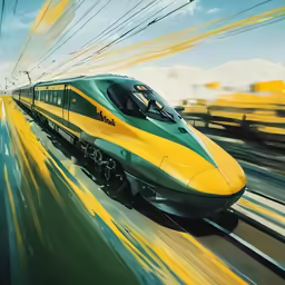 a green and yellow train on the train tracks