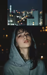 a woman looking out the window at night with a city view