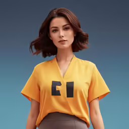 a woman in an orange shirt with black letter f