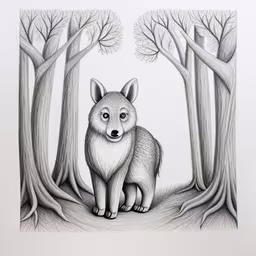 a drawing of a fox standing in the woods with trees on both sides