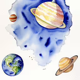 an artistic painting of different planets in space,a painting of the planets on a white background