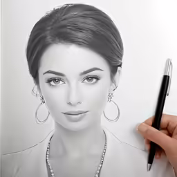 a woman in white shirt and pearls is shown in front of a pencil drawing