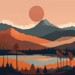 an image of mountain with a lake in front,an orange and brown sunset over trees near a lake