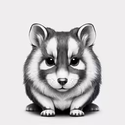 a baby fox is on the ground, and a white background is also seen in this black and white image